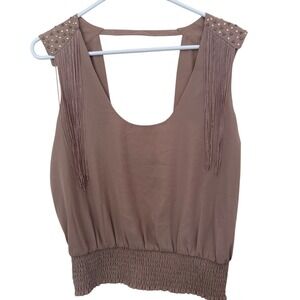 Bebe Fringe Studded Boho Tank Top M Cutout Back Y2K McBling Glam Festival‎ Rock